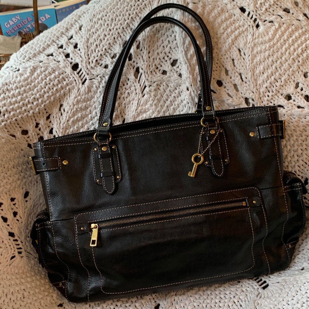 FOSSIL Black leather briefcase/laptop bag